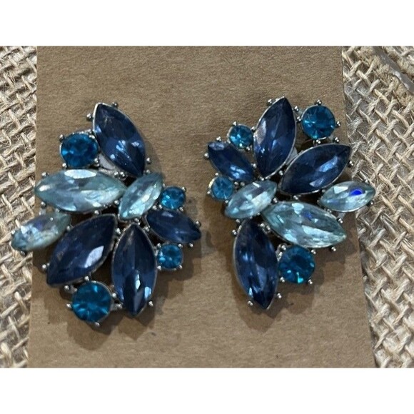 Blue Rhinestone Silver Tone Post Pierced Earrings Holiday Party Fairy Grunge - Picture 2 of 6